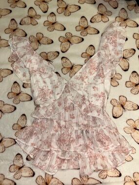 Sheer Ruffled Floral Blouse in Dusty Rose Coquette Pattern